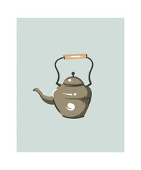 Hand drawn vector abstract modern cartoon cooking time fun illustrations icon with big vintage teapot isolated on white background.Food cooking illustrations concept design