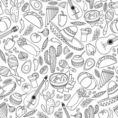 Mexican food and musical instruments seamless pattern. Travel Mexico background