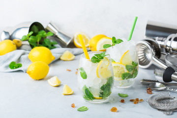 Cold alcohol mojito cocktail, long drink beverage, lemonade