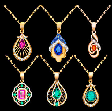 illustration set of necklace pendants jewelry made of precious stones