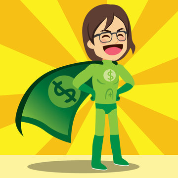 Happy super money hero with green dollar cape