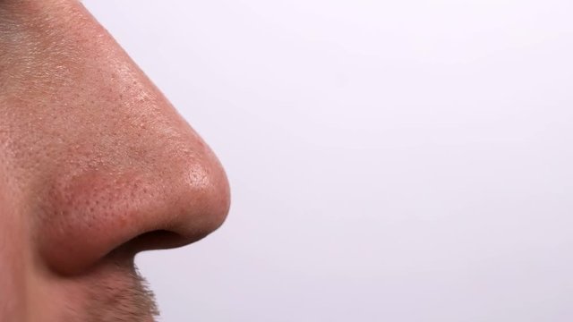 human nose close-up, sniffing to smells, white background