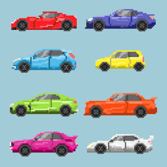Set of pixel colored cars