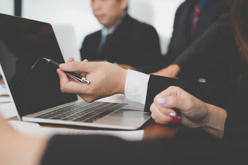 business people having meeting. businessman, businesswoman working with financial chart report. startup man & woman discussing market plan at workplace. discussion, teamwork, collaboration, corporate 