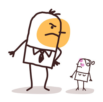 Cartoon Big Angry Man against a Small Injured Woman