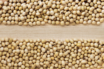 A pile of soybeans, divided into two rows on the wood table.