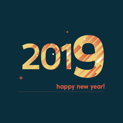 Happy New Year 2019 Vector Illustration - Bold Text with Creative Design on Blue Background - Orange and Yellow Lines, Circles, Plus Sign