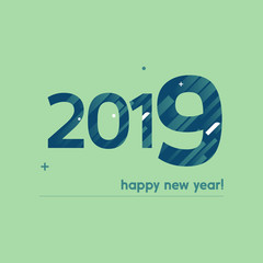Happy New Year 2019 Vector Illustration - Bold Text with Creative Design on Green Background -  Blue and White Lines, Circles, Plus Sign