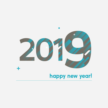 Happy New Year 2019 Vector Illustration - Bold Text with Creative Design on White Background - Brown and Blue Lines, Circles, Plus Sign