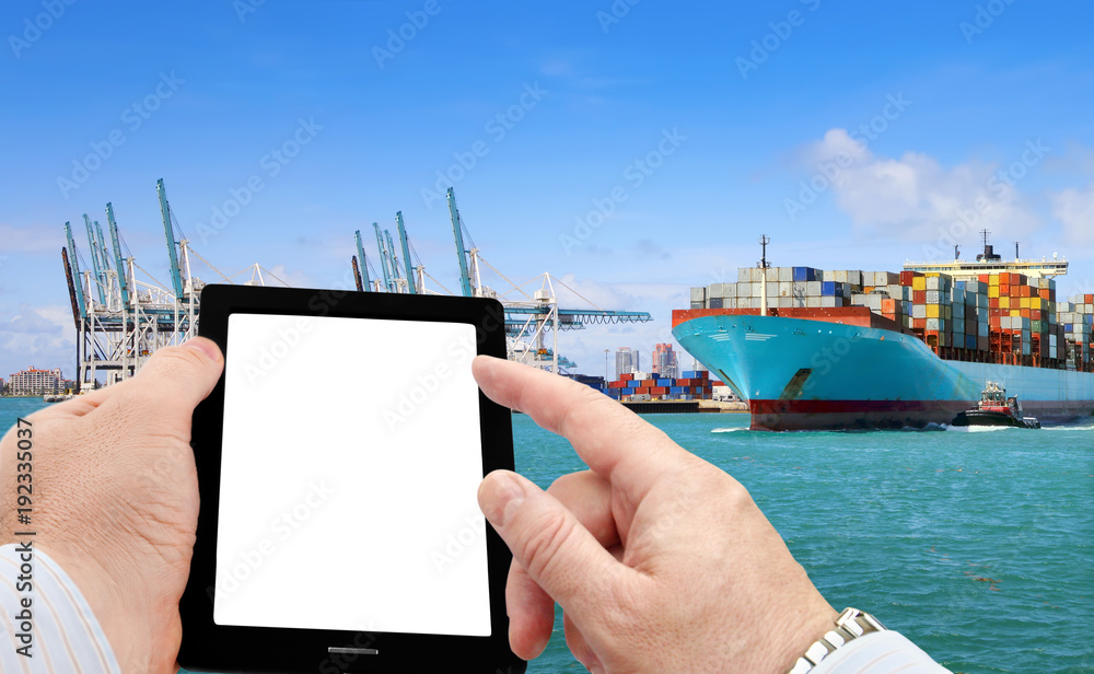 Poster close up of businessman using smart phone for logistic business on cargo ship background