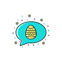 Happy Easter comic speech balloon, message box, speech bubble with egg symbol in flat color line icon.  Spring christian holiday sign, pictogram, sticker for web and mobile apps, messengers.