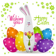 Cute easter bunny with color eggs. Gift card. Vector illustration - 192336485