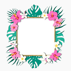 Fototapeta na wymiar Trendy Tropical Leaves frame with rose gold decorative color. Trendy luxury nude background color.Beautiful pink and white tropic flowers.