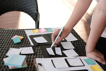 user experience, UX designer designing web on smartphone layout. UI planning mobile application....