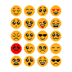 Set of emoticons, pixel emoji. Characters isolated. Vector