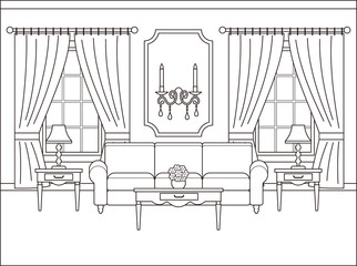Room interior. Vector. Linear living room with window. Coloring page. Black white sketch in classic style. Home space in flat design. Outline contour background. Cartoon illustration in line art.