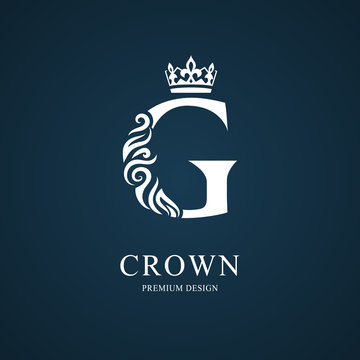 Elegant letter G with crown. Graceful royal style. Calligraphic beautiful logo. Vintage drawn emblem for book design, brand name, business card, Restaurant, Boutique, Hotel. Vector illustration