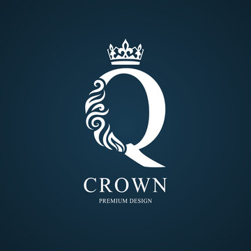 Elegant letter Q with crown. Graceful royal style. Calligraphic beautiful logo. Vintage drawn emblem for book design, brand name, business card, Restaurant, Boutique, Hotel. Vector illustration