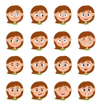 Little girl face expression, set of cartoon vector illustrations
