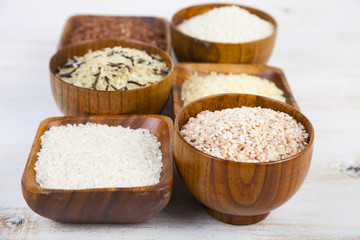 Six bowls with different varieties of rice