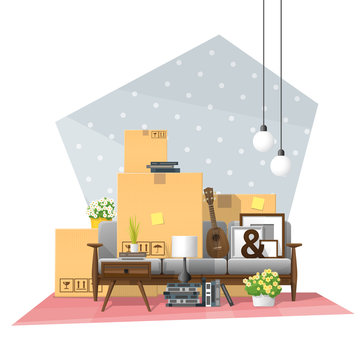 Moving home concept background with cardboard boxes and furniture in new living room , vector , illustration