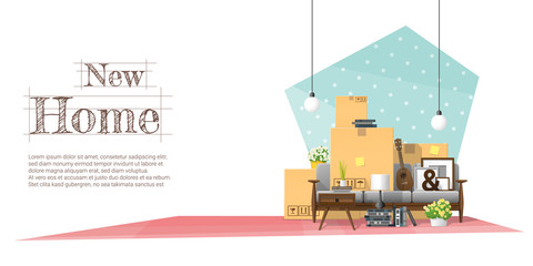 Moving home concept background with cardboard boxes and furniture in new living room , vector , illustration