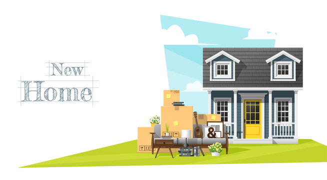 Moving home concept background with small house and furniture , vector , illustration