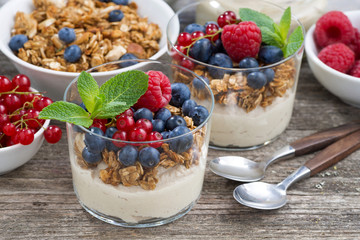 dessert with sweet cream, fresh berries and granola on wooden background, closeup