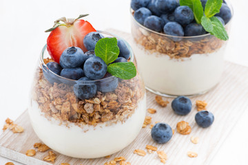 diet dessert with yogurt, granola and fresh berries, close-up