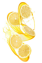 lemon slices in juice splash isolated on a white background