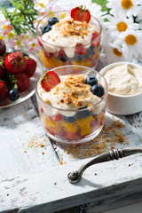 fresh fruit dessert with custard in glasses on white wooden tray, vertical top view