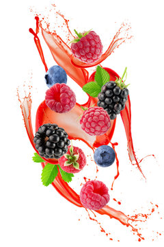 Berry Mix In Juice Splash Isolated On A White Background