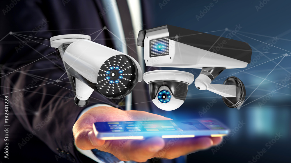 Poster businessman using a smartphone with a security camera system and network connection - 3d rendering