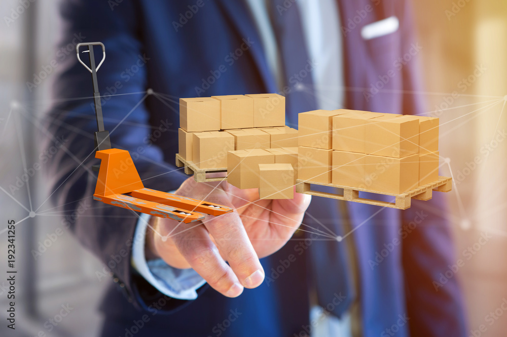 Poster pallet truck and carboxes with network connection system - 3d render