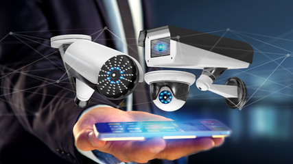 Businessman using a smartphone with a Security camera system and network connection - 3d rendering