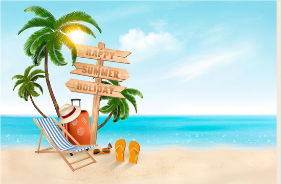 Seaside vacation vector. Travel items on the beach.