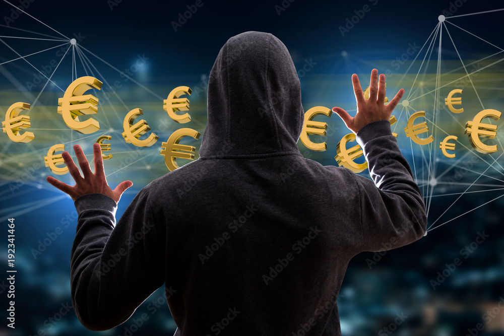 Poster hacker man in the dark using computer to hack data and information system