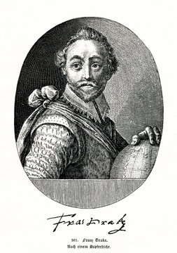 Francis Drake, English sea captain, slave trader and privateer of the Elizabethan era (from Spamers Illustrierte Weltgeschichte, 1894, 5[1], 644)