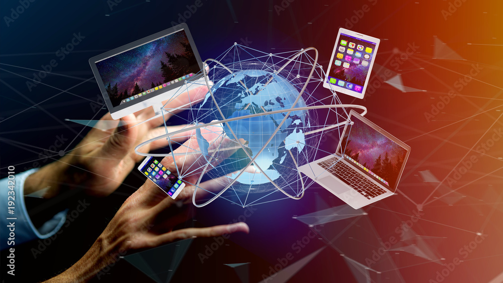 Poster businessman holding a computer and devices displayed on a futuristic interface with international ne