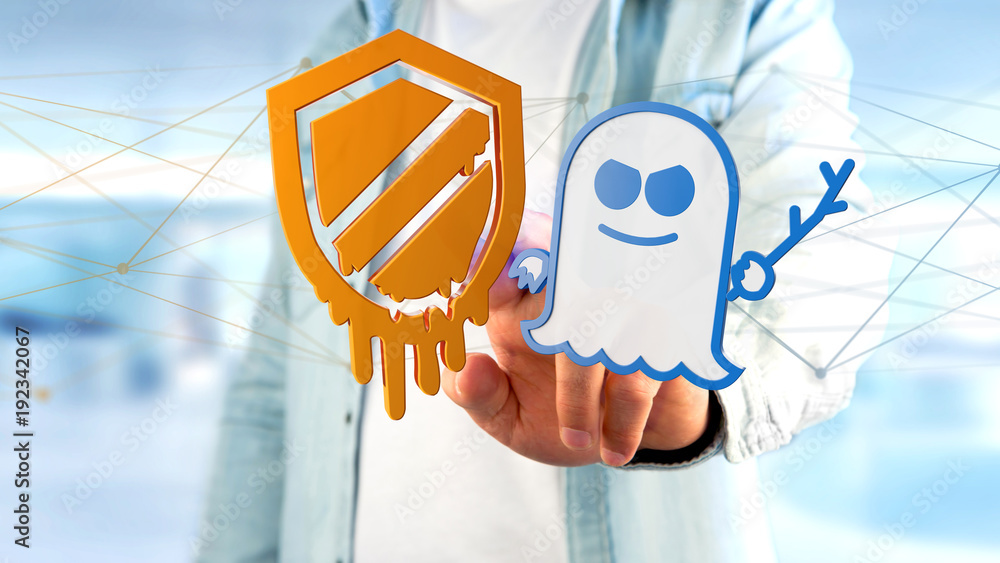 Poster businessman holding a meltdown and spectre processor attack with network connection - 3d render
