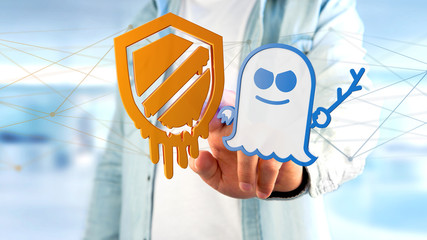 Businessman holding a Meltdown and Spectre processor attack with network connection - 3d render