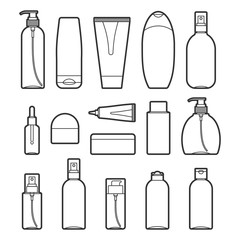 Fototapeta premium Set of vector cosmetic bottles line style icons on a white background. Collection of different forms and types