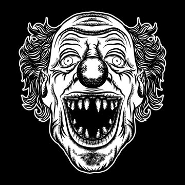 Devil clown head illustration. Nightmare inspired satanic influence clown face with mohawk, dark twist face gesture. Possessed by demon smiling mascot. Blackwork adult flesh tattoo concept. Vector.