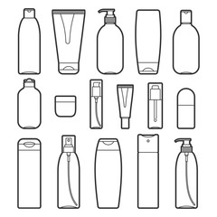 Set of vector cosmetic bottles line style icons on a white background. Collection of different forms and types