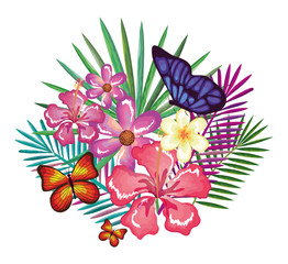 tropical and exotics flowers with butterflies vector illustration design