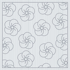 Sakura flowers in the frame. Sashiko. Quilting motif for a fancywork. Traditional japanese embroidery ornament with blooming sakura flowers. Floral backdrop. Needlework texture.