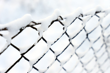 Winter / Schnee auf einem Maschendrahtzaun