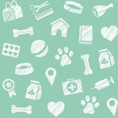 Pet products, seamless pattern, shading pencil, blue-green, vector. The goods for Pets. Veterinary care. Color, flat background.  Vector, seamless pattern. 