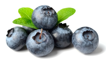 fresh blueberries with green leaves isolated on the white background