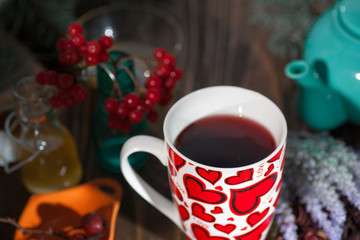 Romantic gift for the beloved for Valentine's Day all lovers holiday hot tea hibiscus in a mug with hearts